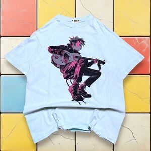 Vintage Gorillaz Band Tee Y2K Men S Light Blue The Now Now 2D Guitar Music Shirt